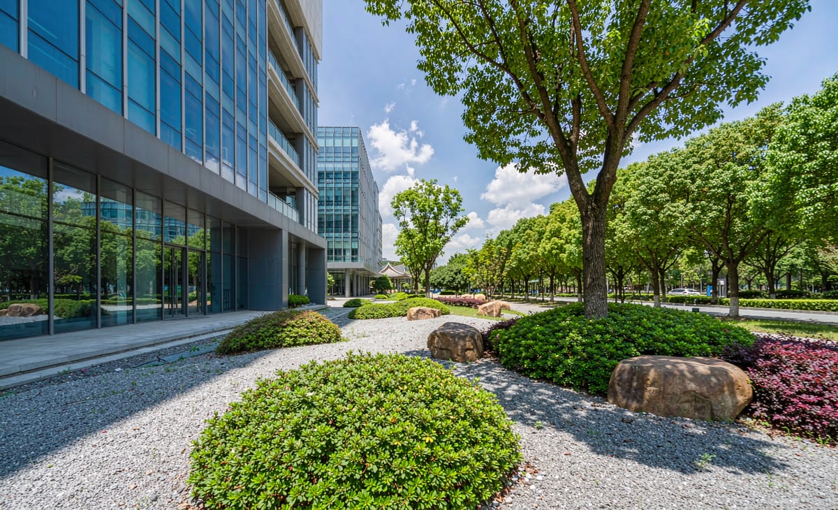 Bulk stone materials used in an office park landscape