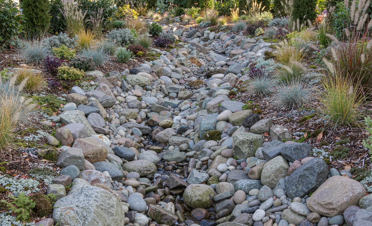 Dry river bed with mixed-size river rocks