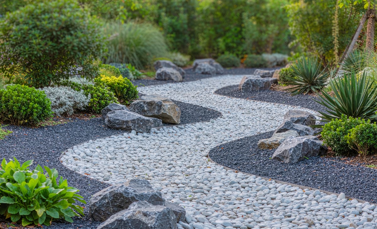 Dry creek bed landscaping with graded pebbles