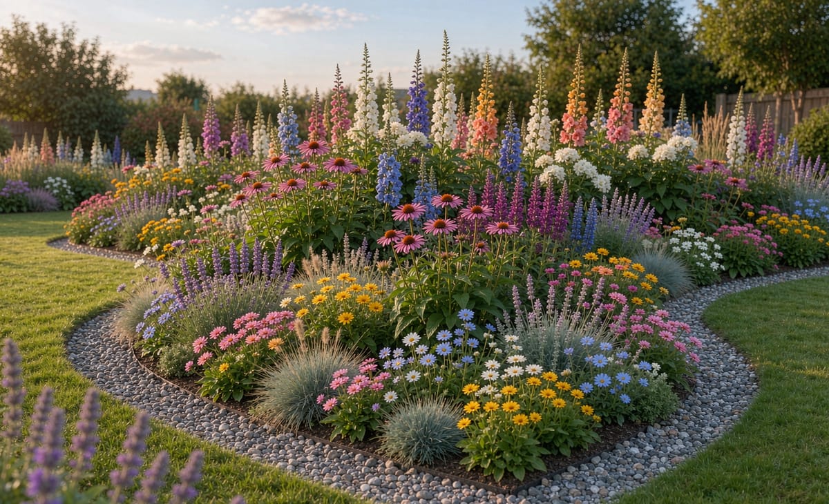 Decorative gravel bordering a flower bed