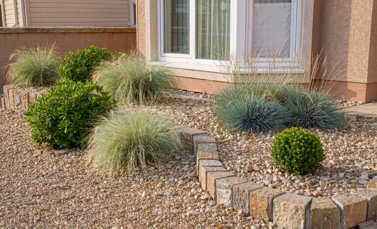 Garden landscaping project using decorative pebbles and gravel