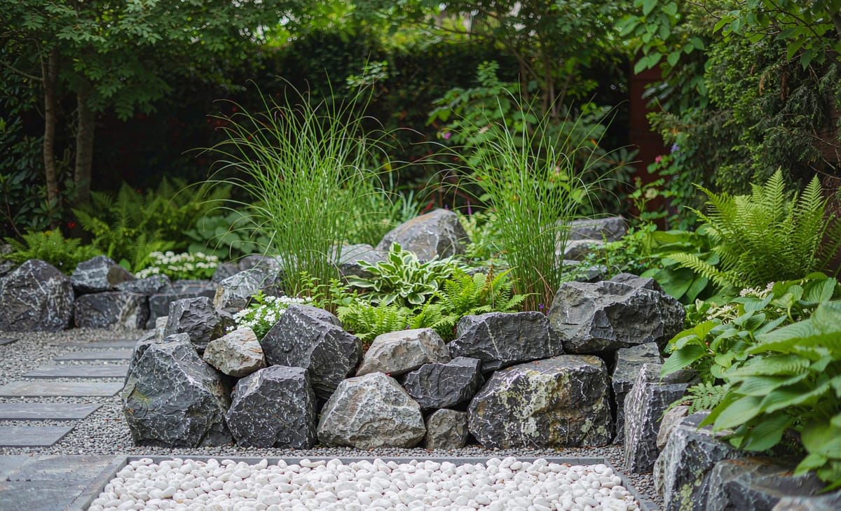 Mixed stone materials combined in a residential garden landscape
