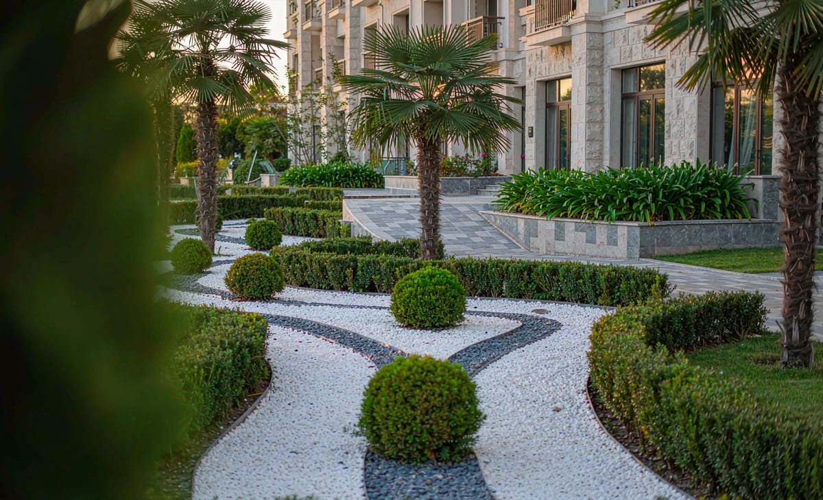 Hotel courtyard landscaped with white pebbles