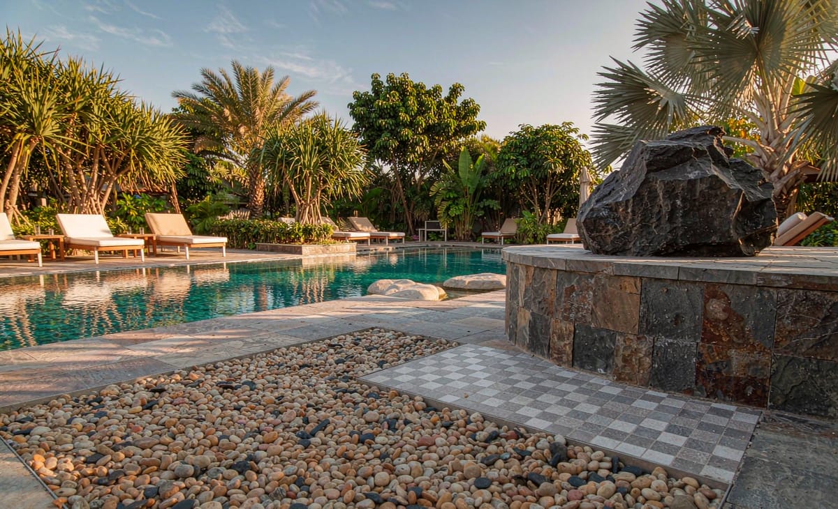 Resort pool area using decorative stone materials