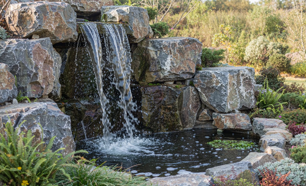 Stones used in a backyard waterfall feature