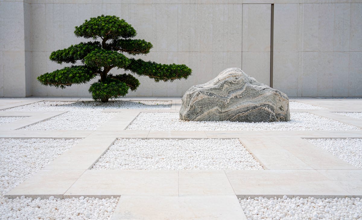 White stones used in a minimalist Zen garden design