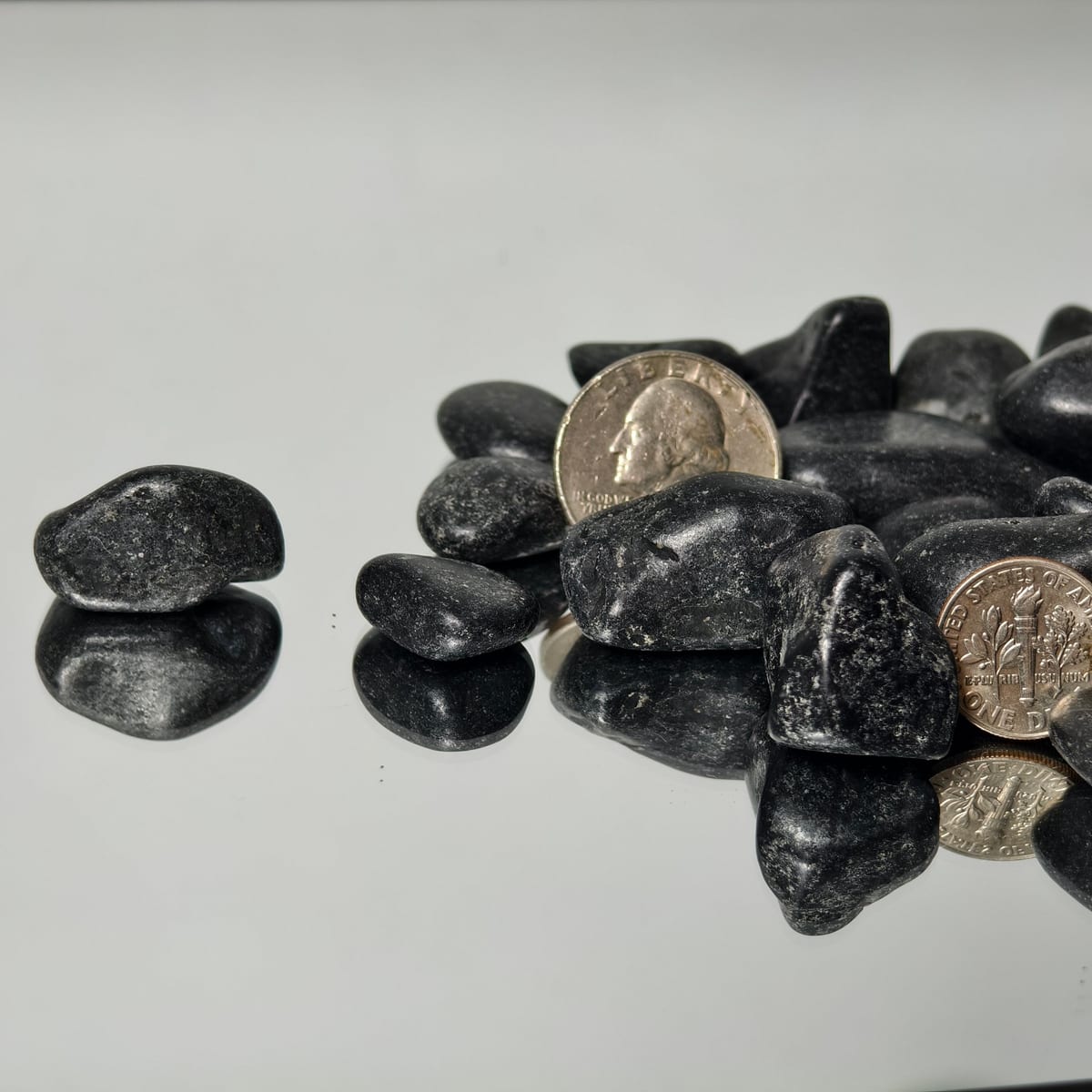 Black pebbles shown with a coin for size reference